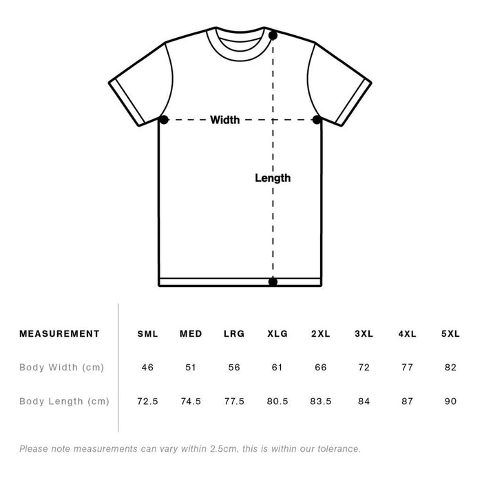 Diagram of a Colony Endeavour T-Shirt with width and length indicated; size chart below provides body width and length (cm) for sizes S–5XL.