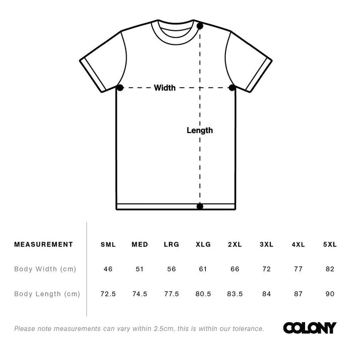 Diagram of a Colony Momentum T-Shirt showing width and length measurement points, with a size chart in centimeters for sizes S to 5XL below. Made from 100% carded cotton.