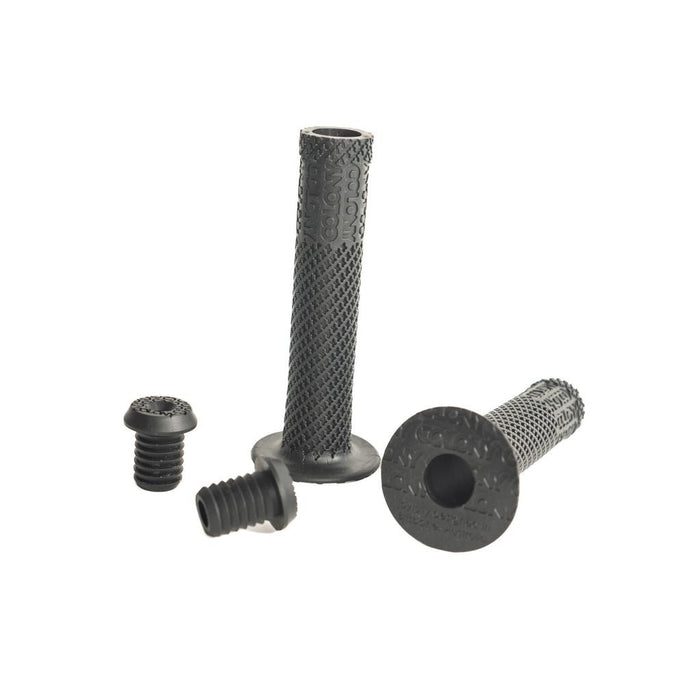 Two black textured Colony Mountjoy Grips and two matching bar end plugs are shown on a white background.