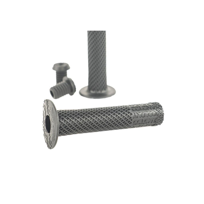 The Colony Mountjoy Grips are textured gray BMX grips made of Krayton Rubber with a flanged end and matching end caps, shown on a white background.