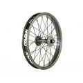 A black spoked Colony Pintour 16 Inch Front Wheel on a white background.