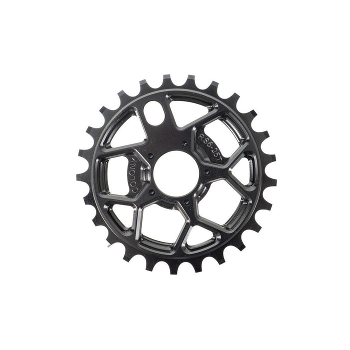 The Colony RS6 Sprocket is a black metal BMX sprocket with 25 teeth, showcasing cut-out geometric patterns and labeled with “RS25T” and “COLONY.” Crafted from robust 7075T6 Alloy for exceptional strength, this sprocket blends eye-catching design with high-performance materials, making it a top choice for upgrading your BMX setup.