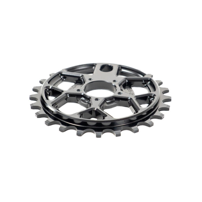 The Colony RS6 Sprocket, made from durable 7075T6 alloy and featuring a central hole along with multiple cutouts, is displayed on a white background.