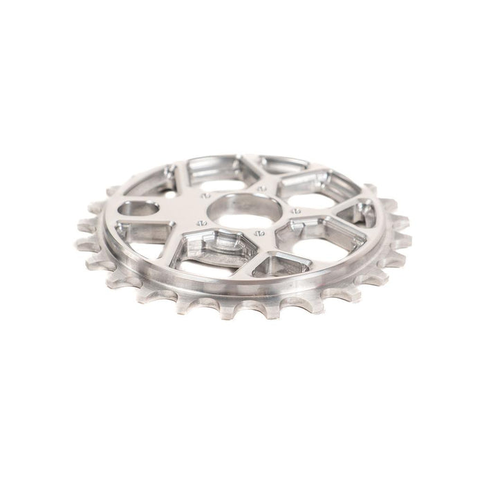 The Colony RS6 Sprocket, made from durable 7075T6 alloy and featuring a silver finish, multiple teeth, and geometric cutouts, is displayed on a white background.