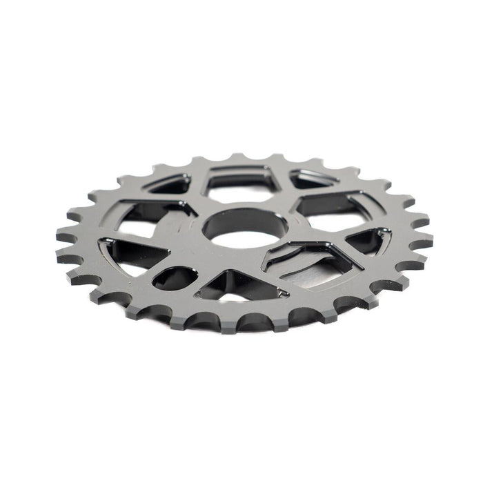 The Colony RS6 Sprocket is a black metal BMX sprocket featuring a cutout design and multiple teeth, crafted from high-strength 7075T6 alloy, displayed on a white background.