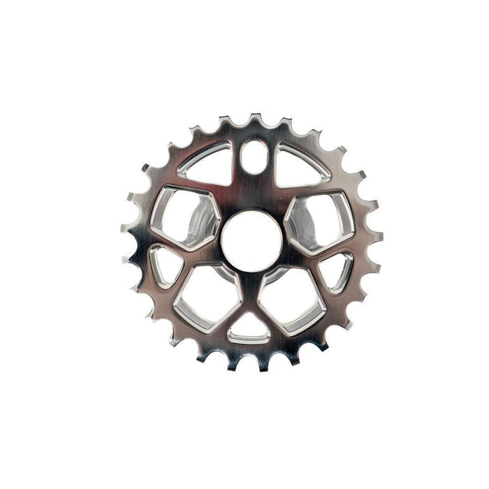 A close-up of the Colony RS6 Sprocket, a metallic BMX sprocket with 25 teeth, crafted from durable 7075T6 Alloy and featuring a central hole along with geometric cutouts, on a white background.