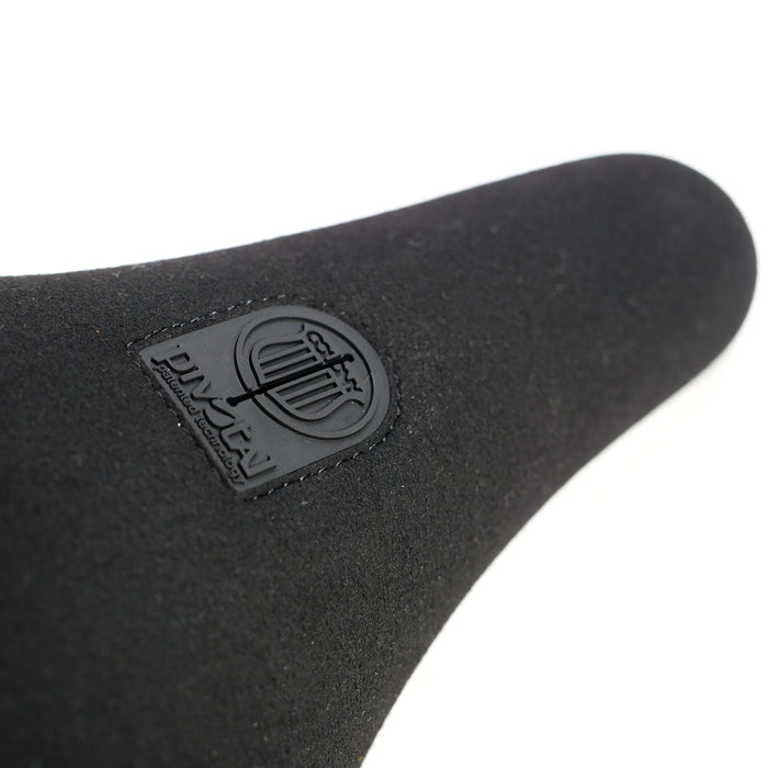 Close-up of the Colony Sigil Pivotal Seat (Sean Gardner Signature) in black, featuring a textured surface and Pivotal system logo—ideal for BMX riders seeking a signature seat.