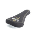 Colony Stars 2005 Mid Pivotal Seat: mid-sized BMX seat with reissue-inspired star designs, yellow stitching, and "Colony" embroidered in white on the rear, photographed on a white background.