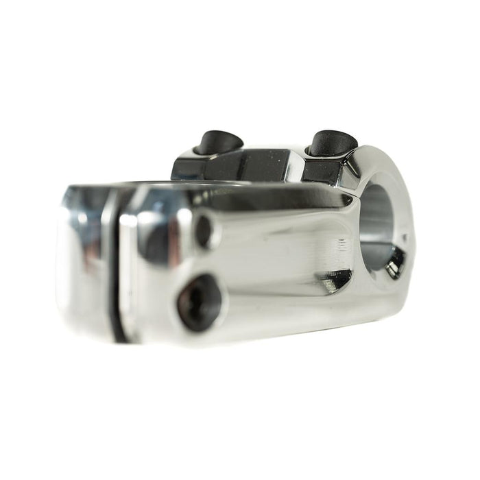 Close-up of a polished metal Colony Variant 35mm Stem (22.2mm Clamp) with two bolts on top and a clamp opening on the right, featuring a 35mm reach, shown against a white background.