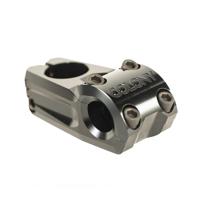 A metallic Colony Variant 52mm BMX Stem (22.2mm Clamp) with four front bolts and “COLONY” engraved on the top is pictured against a white background.