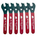 The Cone Spanner Set (6 Pack) features six red-handled wrenches of various sizes, each labeled with a different millimeter measurement and "Bike Hand," perfect for precise bike repairs.