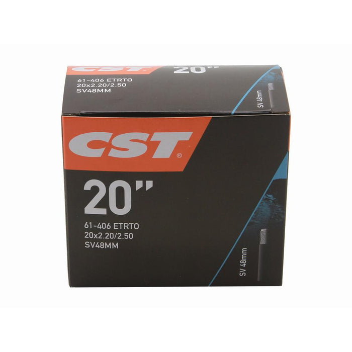 The CST 20 Inch Inner Tube / Schrader Valve (5 Pack) features black and orange packaging labeled “20”, 61-406 ETRTO, 20x2.20/2.50 tyre, SV48MM valve, with product details on front and side for easy identification.