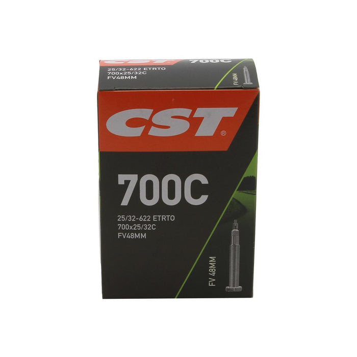 The CST Standard PV 700C Tube (700 x 25-32C, 48mm Presta valve) is a boxed bicycle inner tube compatible with 700x25/32C tyres and ETRTO 25/32-622.