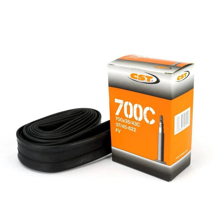A coiled black CST Standard PV 700C Tube—700 x 35-43C, 48mm valve—sits beside its orange and white box, ideal for use with CST tyres and bikes needing a 700 x 35-43C Presta valve tube.