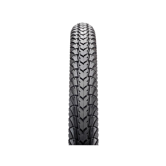 Front view of the CST Tracer Street C1446 26 Inch black tyre with a detailed, symmetrical tread pattern for enhanced cornering grip, photographed against a white background.