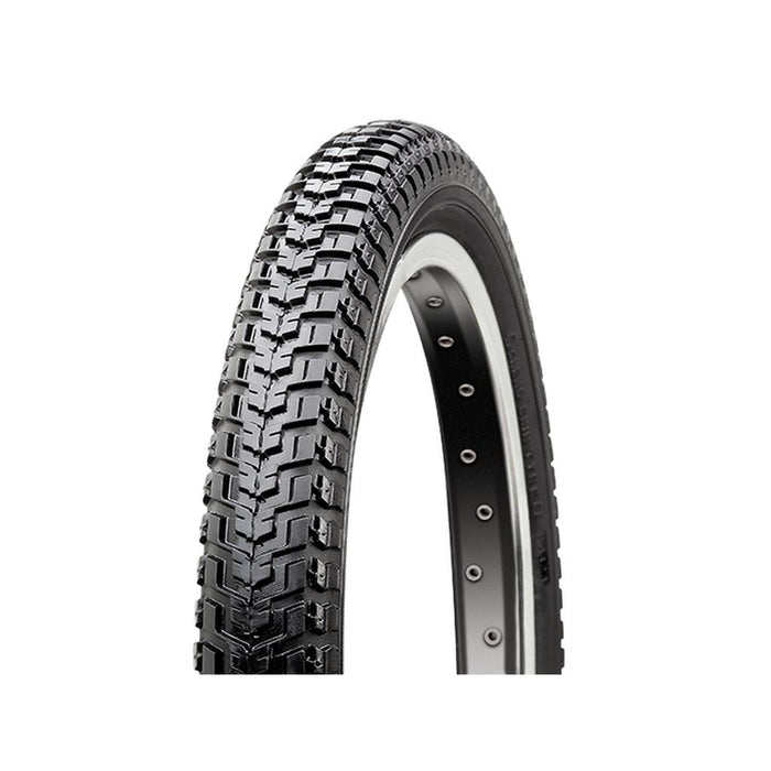 A single CST Trail C712 14 Inch Tyre with chunky tread and a silver rim stands upright against a white background, ideal as a versatile tyre for both road and dirt surfaces.