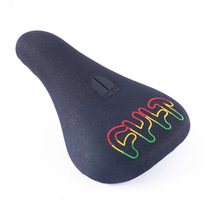 The Cult Rasta Pivotal Seat features black textured material and "CHILL" embroidered in a rasta gradient on the rear—perfect for a stylish BMX seat upgrade.