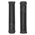 The Demolition Axes Grip features two black cylindrical bike grips with a textured surface and a cross emblem, expertly crafted with a soft compound to provide ultimate comfort.