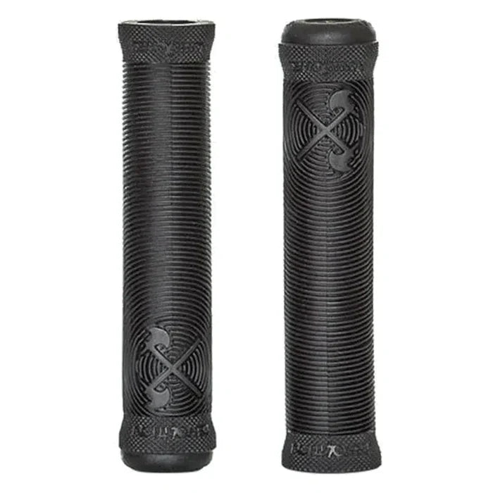 The Demolition Axes Grip features two black cylindrical bike grips with a textured surface and a cross emblem, expertly crafted with a soft compound to provide ultimate comfort.