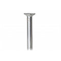 The Demolition Axes Pivotal Seat Post is a low-profile, silver metal bicycle seatpost made from forged alloy for durability, shown standing upright on a white background.