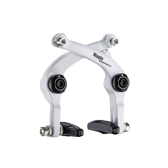 A pair of Dia-Compe Magic Brakes with black V-type brake shoes, dual cable pull mechanism, and aluminum arms, complete with mounting hardware.