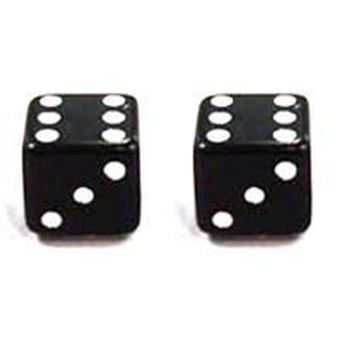 Two Dice Valve Caps, resembling sleek black dice, each feature five white dots, representing the number five.