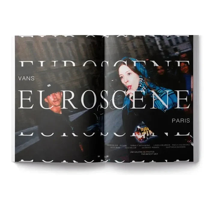 A magazine spread from DIG Book Issue 2025 features bold "EUROSCENE PARIS" text over nocturnal street photography as seen in DIG BMX, showcasing two people—one in a blue scarf, the other in a dark cap—capturing an urban vibe.