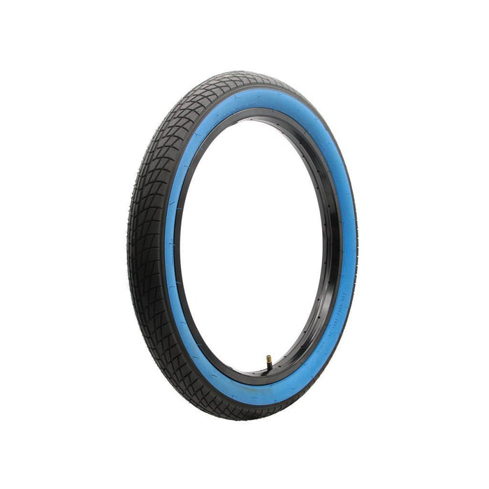 The DRS Gripper 20 Inch Tyre is a black BMX tyre with a blue sidewall, shown upright on a white background—an affordable replacement for your bike.