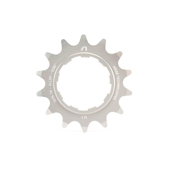 The Echo Alloy Cassette Rear Sprocket is a silver 14-tooth cog CNC machined from 7075-T6 aluminium, with technical specs and "ARISE TECHNOLOGIES" engraved around the center.