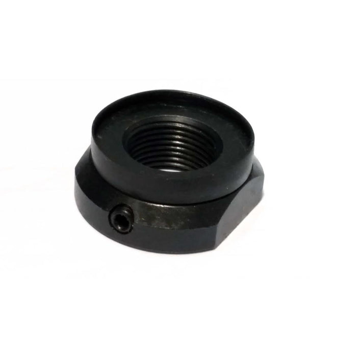 The ECLAT Blind Lock Nut is a black metal nut with an internal thread and a small side screw, perfect as a replacement drive side lock nut. Shown here on a white background.