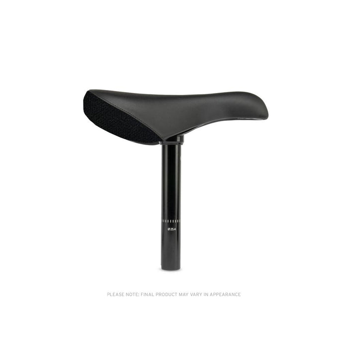 The Eclat Combo V2 Seat is a black, lightweight bike seat with an attached post, shown side-on against a white background—combining comfort and style for any ride.