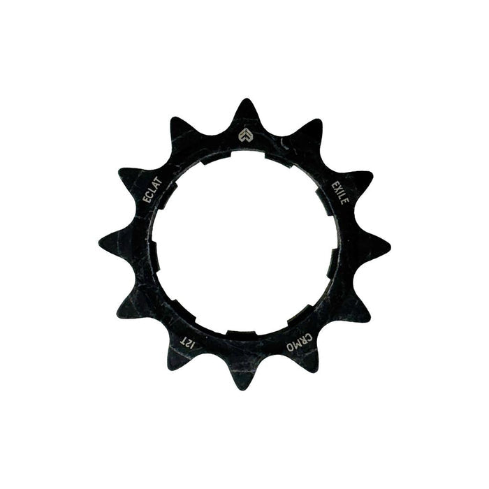 The Eclat Exile Chromo Cassette Rear Sprocket, a black metal BMX cog with 17 teeth, is shown isolated on white. It features "Eclat", "Exile", "17T", and "CNC" engravings, compatible with Shimano HG-style and Exile Cassette hubs.