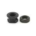 The Eclat Exile Cone Set, featuring two black metal hex nuts with flanged bases for rear hub replacement, is shown on a white background—one upright and one lying down.