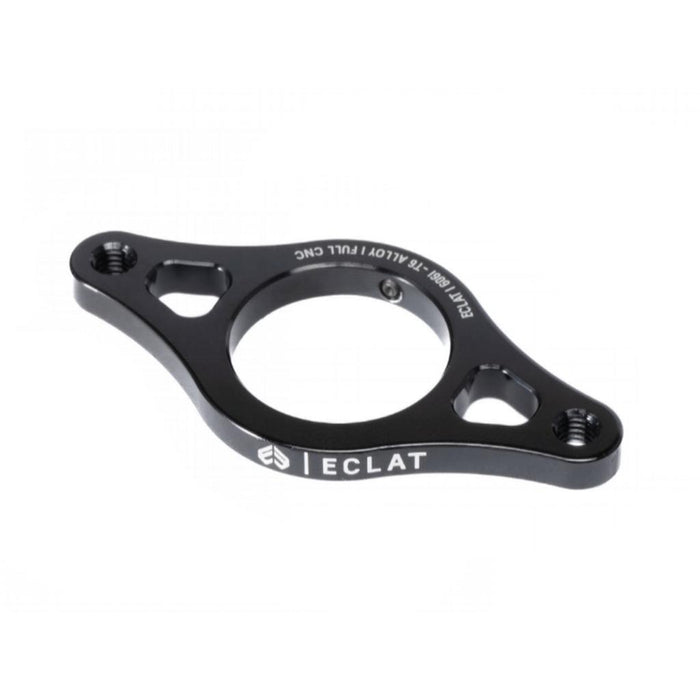 The Eclat Gyro Rotor Plate is a black CNC-machined metal alloy sprocket guard with three mounting holes and "ECLAT" branding on the side, displayed against a white background.