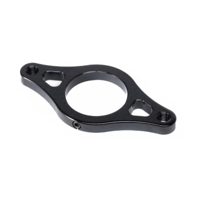 The Eclat Gyro Rotor Plate is a black CNC-machined alloy bracket featuring a central circular opening, two threaded holes, and two triangular cutouts on each side. Shown photographed on a white background.