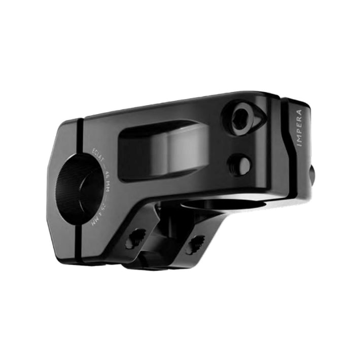 The Eclat Impera Front Load Stem is a black BMX stem with a sleek, angular design and multiple bolt holes, made from 6061-T6 alloy. "IMPERA" is labeled on the side, and the product is shown on a white background.