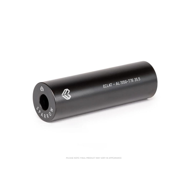 The Eclat Sparrow Alloy Peg (Each) is a black cylindrical BMX peg marked "SPARROW" and "ECLAT - AL 7050-T6 35.5," with a small logo near the opening, designed for BMX park riding.