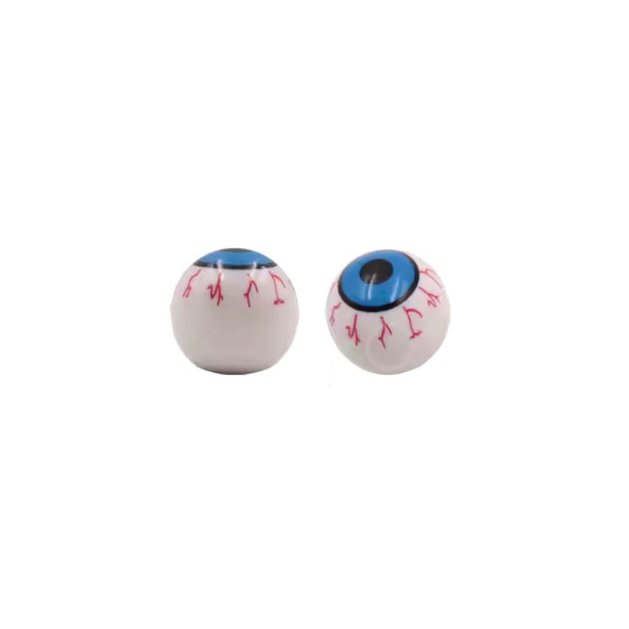 A pair of Eye Valve Caps featuring blue irises and red veins, set against a white background, resemble quirky bike accessories—perfect for adding an eye-catching touch to your ride.