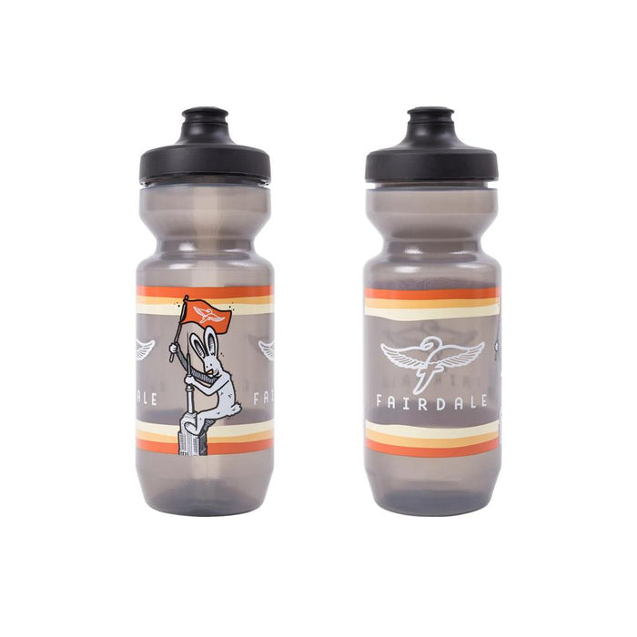 Two translucent Fairdale Elevator Water Bottles with black caps; one side shows a cartoon rabbit holding a flag, the other displays the Fairdale logo and text. BPA-free design ensures safe, clean hydration.