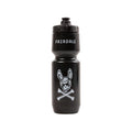 The Fairdale Jolly Roger Water Bottle is black, features "FAIRDALE" near the top, a rabbit head above crossed bones graphic on the front, is made from BPA-free plastic, and has a convenient MoFlo cap for easy drinking.