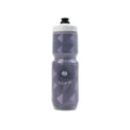 A tall, purple geometric-patterned Fairdale Nora V Water Bottle with a black nozzle, white cap, and bearded-face "Norda" logo, featuring unique Nora artwork.