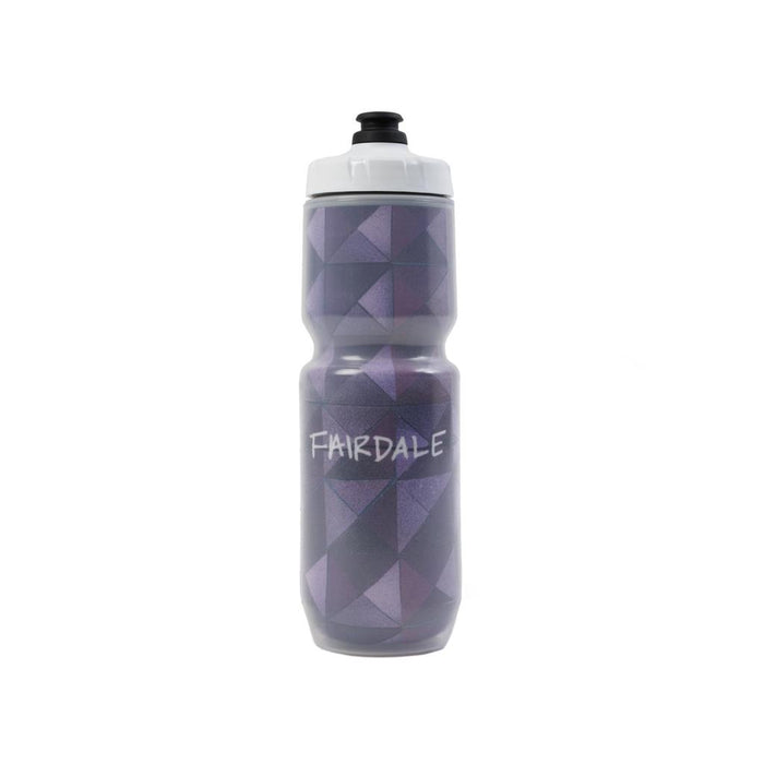 The Fairdale Nora V Water Bottle features a purple geometric pattern, Chromatek liner, black push-pull spout, and "FAIRDALE" in white on the front.
