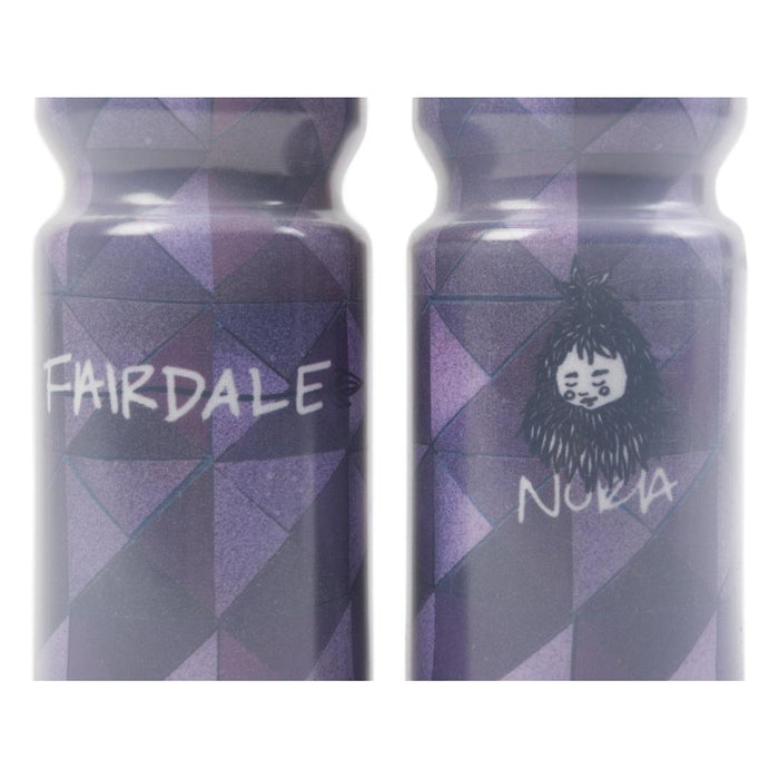 Two purple Fairdale Nora V Water Bottles feature geometric patterns; one is labeled "FAIRDALE," and the other displays Nora artwork—a bearded face with "NORIA" written below.