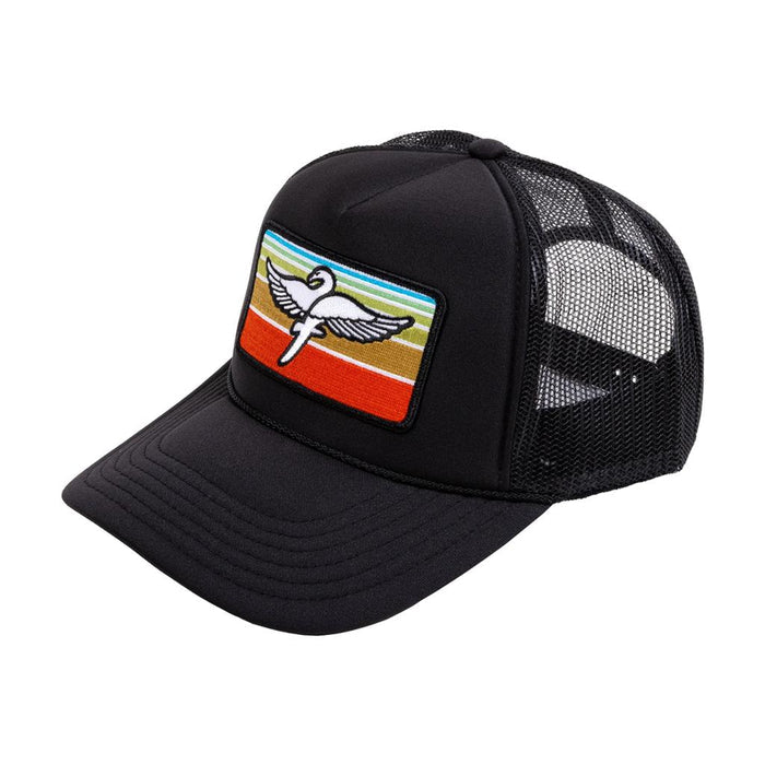 The Fairdale Swan Cap is a black trucker mesh hat with a curved bill, featuring a vibrant embroidered swan patch on the front panel.