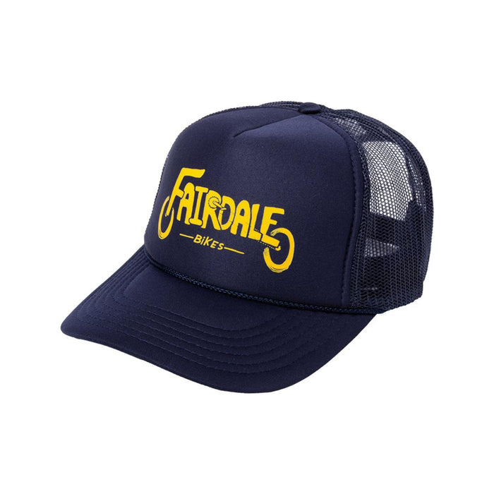 The Fairdale Wheels Cap is a navy blue mesh trucker hat with "Fairdale Bikes" in yellow on the front—perfect for adding style and keeping cool.