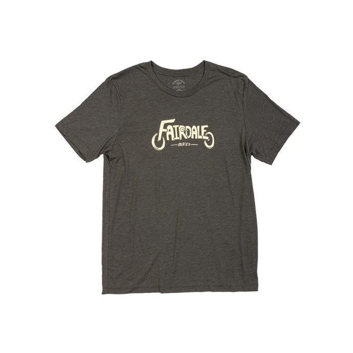 The Fairdale Wheels T-Shirt is a dark gray, short-sleeve tee with "Fatsrael Bikes" and a stylized bike graphic in white on the front, part of Fairdale’s slick tees collection.
