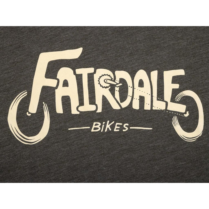 The Fairdale Wheels T-Shirt features Fairdale Bikes' cream text logo on dark gray, with stylized letters forming a bike shape—ideal for standout branding and stylish tees.