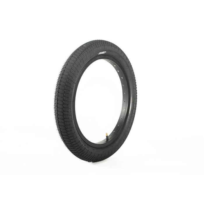 The Family F641 16 Inch Tyre stands upright on a white background, featuring a knurled tread pattern suitable for BMX bikes and offering great value for money.