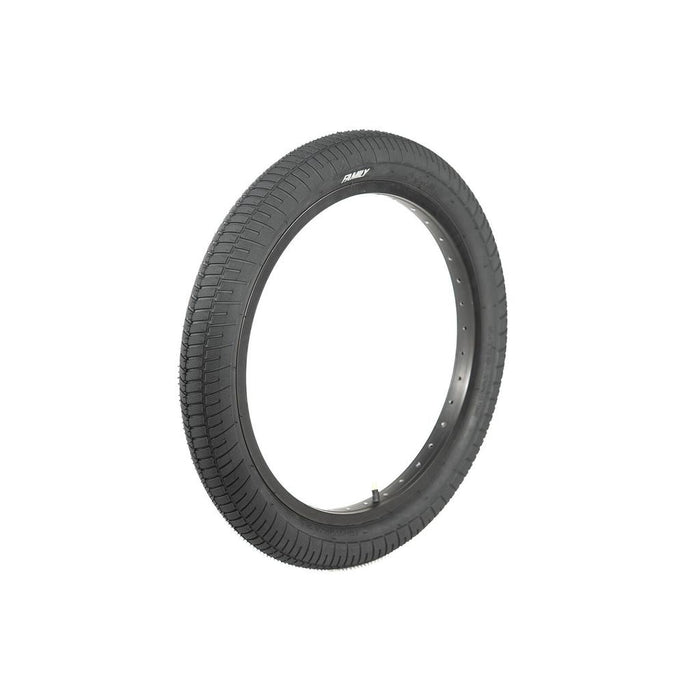 The Family F641 18 Inch Tyre is a black BMX tyre with a knurled tread, photographed on a white background and designed to offer great value for money.