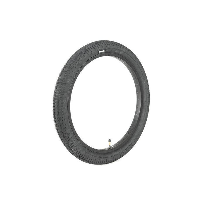 The Family F641 20 Inch Tyre is a black BMX tyre with a knurled tread, mounted on a metal rim with valve stem, offering excellent value and shown isolated on a white background.